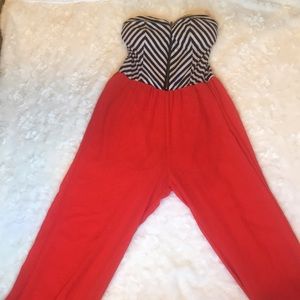 Black, Red, and White Striped Jumpsuit